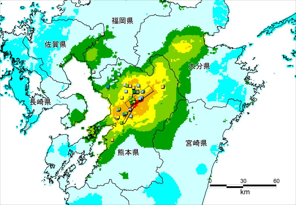 図 15 操業中断が確認された工場の位置と推定震度分布 また 2007 年新潟県中越沖地震