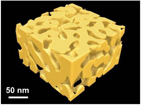 ( 注 4) ナノ多孔質構造 / ナノ多孔質金属ナノ多孔質金属は物質の内部にナノサイズの細孔がランダムにつながったスポンジ構造体 ( ナノサイズの細孔を持つ多孔質構造体 ) のこと 例えば 図 4 の金の場合 ひも状の構造体が連続してつながって穴が開いている状態である ナノ多孔質を持つ物質では この穴とひも状構造が数ナノメートルサイズの状態で維持されている また ナノ多孔質グラフェンの場合
