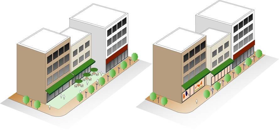 市街地の地域特性に配慮した空間演出 市街地では, うるおいのある歩行空間や歩行者の休憩できる場所の確保など, ゆとりと賑わいのある空間演出に配慮する 建築物の配置を工夫し, オープンスペースを確保することで, ゆとりや開放感を創出する 低層部にショーウィンドウを設けて, 賑わいを演出する 住宅地 建築物は, 勾配屋根を採用するなど, 統一感を持ったスカイラインを形成する 建築物の配置を工夫し,