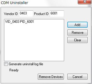 2. Add ボタンを押すと ウィンドウ中央部に VID_0403 PID_6001 と表示されますので Remove Devices ボタンを押すとインストール情報の削除が開始されます 3.