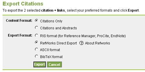 のアイコンをクリック RefWorks Direct Export を選択し Export ボタンをクリック.