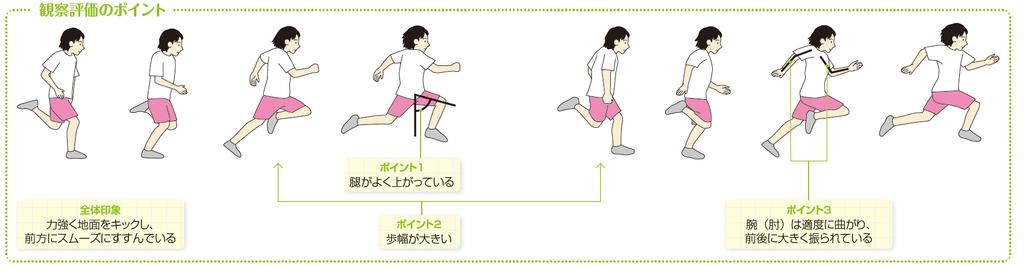 (6-1) 走動作の質的評価 ( 幼稚園年代 ~ 小学生年代 ) この資料は日本体育協会 HP からダウンロードも可能です 主として走り方を評価するテストである (5-1)(5-2) に定める各年代に対する直線路 1 スタートラインを踏まないようにして 両足を前後に開き 用意 の姿勢を取らせる 2 スタートから全力疾走を行い スピードがのった中間疾走点での評価を行う 1