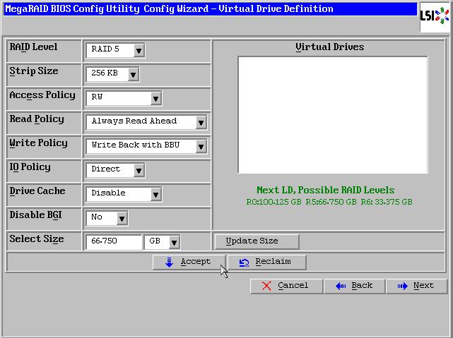 57 7 前画面の操作で作成した DG 内に VD を作成します DG 確定後 Virtual Drive Definition(VD 定義画面 ) が表示されます 画面右側の中段の NextLD,Possible RAID Levels には DG 内に作成可能な VD の RAID レベルおよび最大容量が表示されます 例として RAID 5 で最大容量 66.