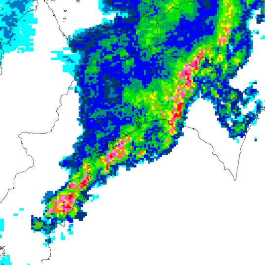 高知県安芸市で突風害の発生した時間帯のレーダーによる雨雲の様子 被害発生地域 レーダー画像 (7 月 25 日 10 時 40 分 ) レーダー画像 (7 月 25 日 10 時 50 分 ) レーダー画像 (7 月 25 日 11 時 00 分