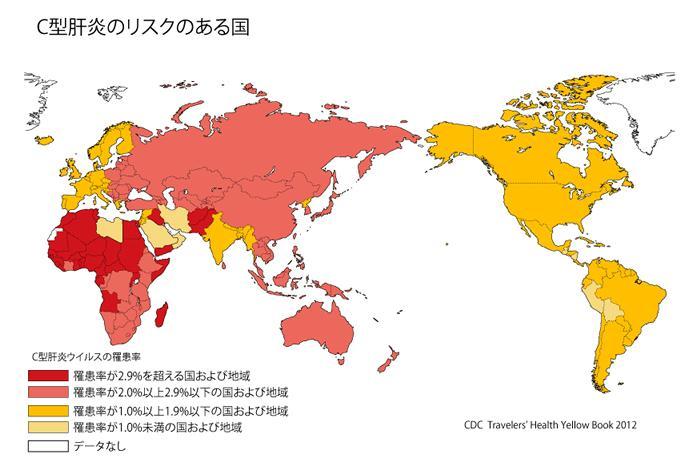 HCV の分布 アフリカを中心に世界で約 1.7 億人の保有者が, 日本では約 150 万人以上の保有者が存在すると推定されている 全国の日赤血液センターにおける初回献血者のデータに基づいて 2000 年時点の年齢に換算して集計した HCV 抗体陽性率は 16~19 歳で 0.13% 20~29 歳で 0.
