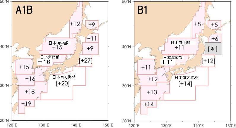 3.3.2 海面水位の予測 NPOGCM によると 年平均海面水位は 近畿 中国地方の日本海側において A1B シナリオで 100 年あたり約 16cm B1 シナリオで約 11cm 上昇する予測となっている 一方 近畿 四国地方の太平洋側の平均海面水位は A1B シナリオで 100 年あたり約 20cm B1 シナリオで約 14cm 上昇する予測となっている ( 図 3.3.2)