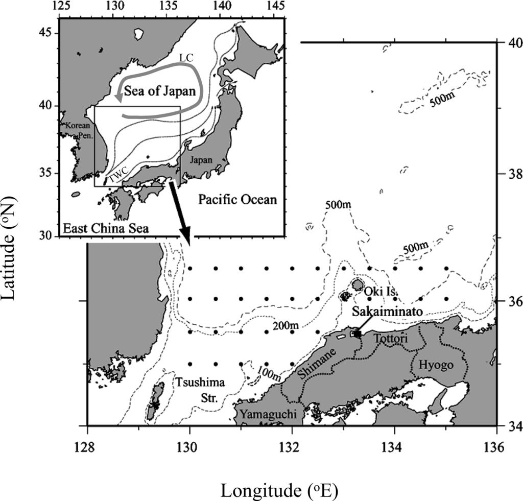 Figure 1. Characteristics of the ocean environment and oceanic survey area in the Sea of Japan. Thin lines with arrow (upper left) show the schema of the Tsushima Warm Current (Naganuma, 1973).