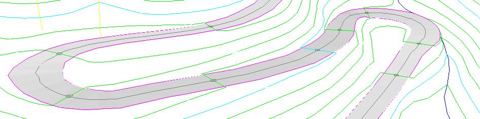 道路の縁線または河川の界線 対となる点を挿入 (4) 確認のため道路縁線 河川界線の内側の TIN を表示させるこができます また 中心線と (2) で内側の判定に使った点を四角形でベクトルマッピングの TIN 上の線として表示します この場合 既存のベクトルマッピング表示用のデータを削除します 複数の DM ファイルが読み込まれている場合 最初の DM