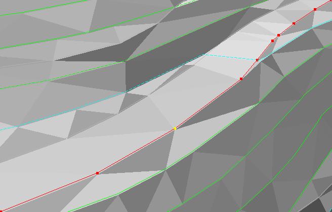 等高線の陰線 ( 間断区分 =1) は対象外 TIN 作成に等高線を使う場合 陰線は対象外とし 等高線作成時に参照しません 砂防基盤地図の三次元 DM を作成する前の二次元 DM の段階で 等高線の陰線を削除した状態の TIN の状況を予測することができます 海岸線 (5106) と標高値が全て 0.