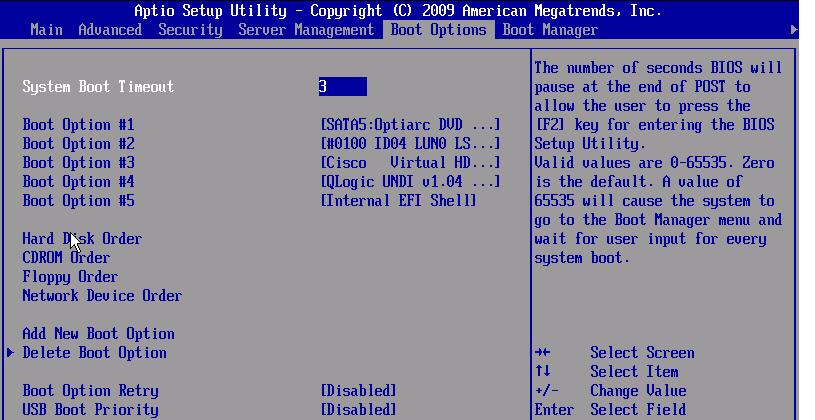 SAN ブートインストール 第 1 章 ステップ 13 SAN LUN の起動順序を設定します a. [Boot Options] 画面で [Hard Disk Order] を選択します b.