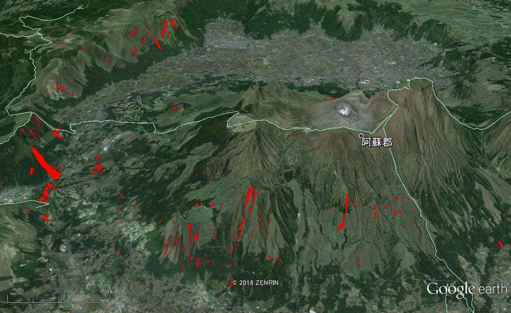 阿蘇カルデラ内部における斜面変動の分布 カルデラ壁の急斜面における溶岩や溶結凝灰岩の崩壊