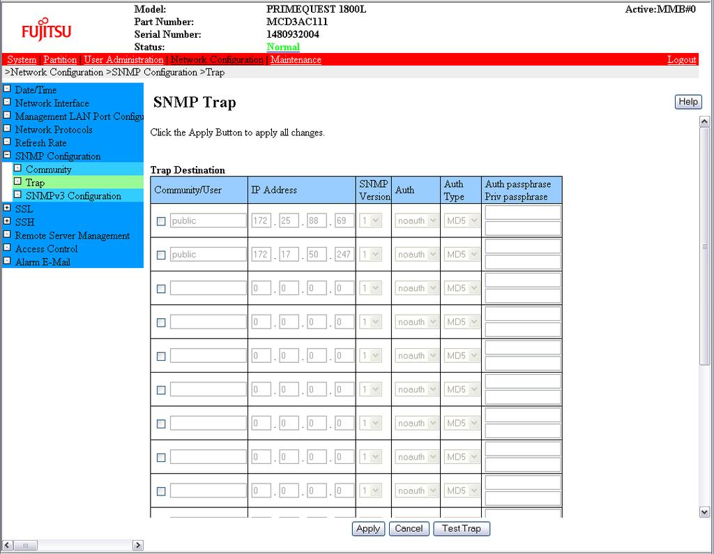 5.2 サーバリスト SNMP トラップパラメータ MMB Web-UI でメニューオプション ネットワーク設定 SNMP 設定 トラップ の順に選び SNMP プロトコルバージョン v1 と一致するようにパラメータを設定します 図 21: SNMP トラップ コミュニティ