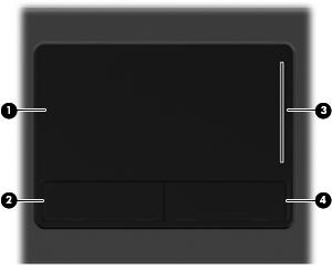 1 ポインティングデバイスの使用 名称 説明 (1) タッチパッド * ポインターを移動して 画面上の項目を選択したり アクティブ にしたりします (2) 左のタッチパッドボタン * 外付けマウスの左ボタンと同様に機能します (3) タッチパッドのスクロールゾーン画面を上下にスクロールします (4) 右のタッチパッドボタン * 外付けマウスの右のボタンと同様に機能します *