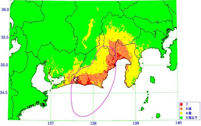 1/(R+C)[R: 断層最短距離 C: 定数 ] で地震波の振幅が減衰するとして強震波形を計算し 地震動が震源近傍で飽和するようにした 北西部の伊那谷 諏訪等の谷や盆地構造の地域には 経験的手法による結果を採用した