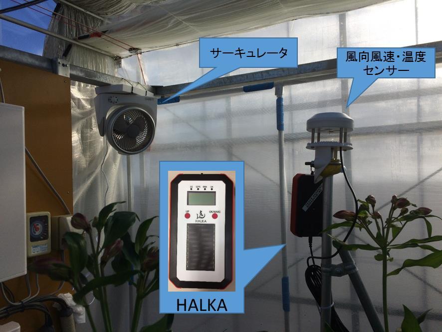 図 12 ハウスに設置された遠隔サーキュレータシステム HALKA に接続された風向風 速 温度センサーが