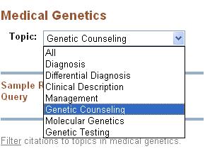 Clinical Queries 3 Medical Genetics Searches 遺伝子学関係文献のための検索画面