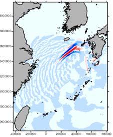 03m 変動することを考えると,10 倍程度増幅している. しかし CASE-2 の場合, 増幅された海面長波は, 一部九州沿岸に伝搬するが, 主要部分は沖縄トラフの急激な水深増加により伝搬方向が反時計回りに変化し, 最終的には北北西方向に伝搬していく結果となった.