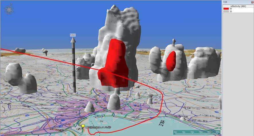 年 9 月 2 日に埼玉県越谷市などで発生した竜巻の親雲 ( 積乱雲 ) の本製品による可視化 積乱雲の立体構造が捉えられています また 羽田空港から富山空港に向かう一般的な航路を 3 次元表示することで