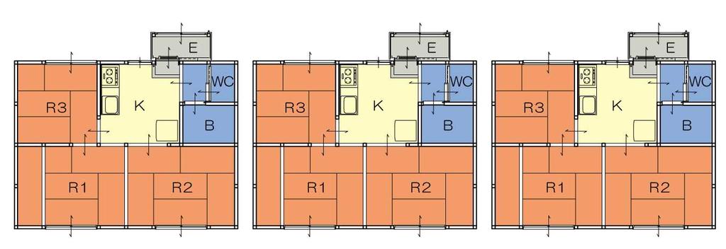 在来軸組型共同住宅再利用プラン ログハウス木造板倉 住宅 ( 戸建て ) Ⅱ- A 40 m2 +40 m2 +40 m2 40 m2 +40 m2 +40 m2型 木造パネル化木造落込み在来軸組 住宅 ( 長屋 ) 非住宅用途 < 現行プラン > 3K(40 m2 )+3K(40 m2 )+3K(40 m2 ) <