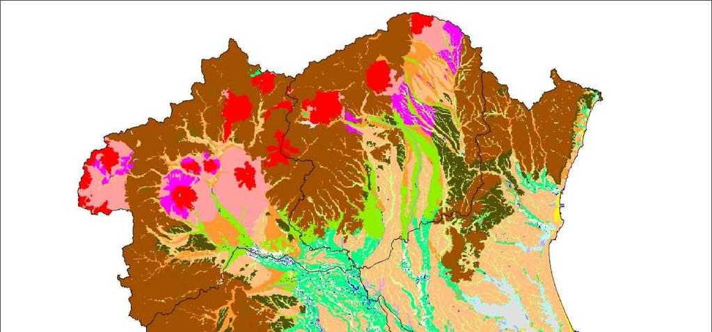 メッシュマップ ( 図 4-1-3, 若松 松岡, 2013) を参考にし 本検討では若松 松岡 (2013) では 6. 火山性台地 23. 河道 水路という区分を 6.