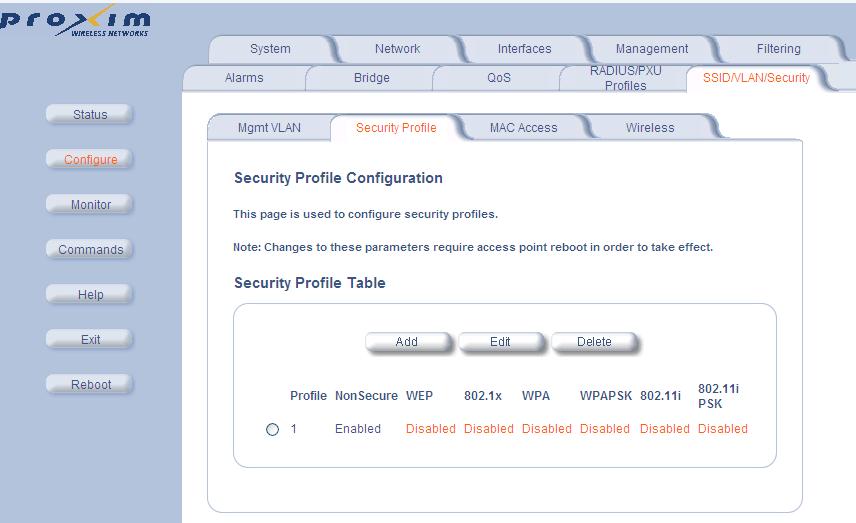 4. Configure > SSID/VLAN/Security > Security Profile