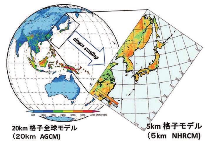 ( 第 1 章 はじめに ) 第 章 はじめに 予測計算の概要 本書で解析した予測情報は 文部科学省 気候変動リスク情報創生プログラム ( 平成 24~28 年 度 ) のもと 気象庁気象研究所が開発した水平解像度 5km の非静力学地域気候モデル (NonHydrostatic Regional Climate Model; NHRCM05)( Sasaki et al.