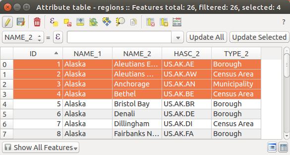 Figure 12.47: Attribute Table for regions layer The table can be sorted by any column, by clicking on the column header.