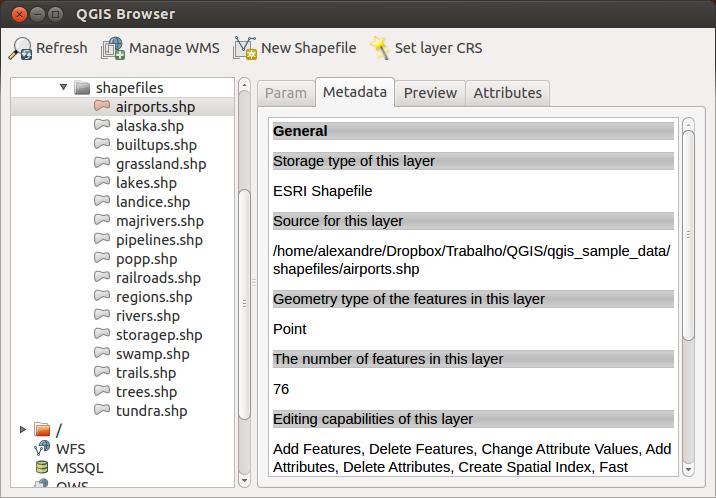 Chapter 11 QGIS Browser The QGIS Browser is a panel in QGIS that lets you easily navigate in your filesystem and manage geodata. You can have access to common vector files (e.g., ESRI shapefiles or MapInfo files), databases (e.