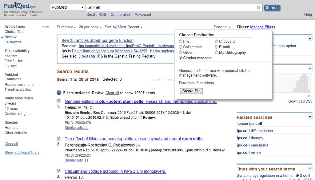 データベース検索結果をテキストファイルからインポート -PubMed の場合 PubMed 検索結果画面で RefWorks に取り込みたいデータの左端にチェックをつける Send to のプルダウンメニューで Citation manager を選択 Create