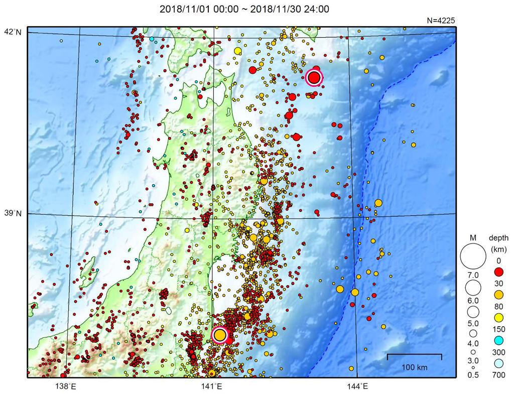 東北地方 1 地形データは日本海洋データセンターの J-EGG500 米国地質調査所の GTOPO30 及び米国国立地球物理データセンターの ETOPOv を使用 1 11 月 3 日に福島県沖で M5.