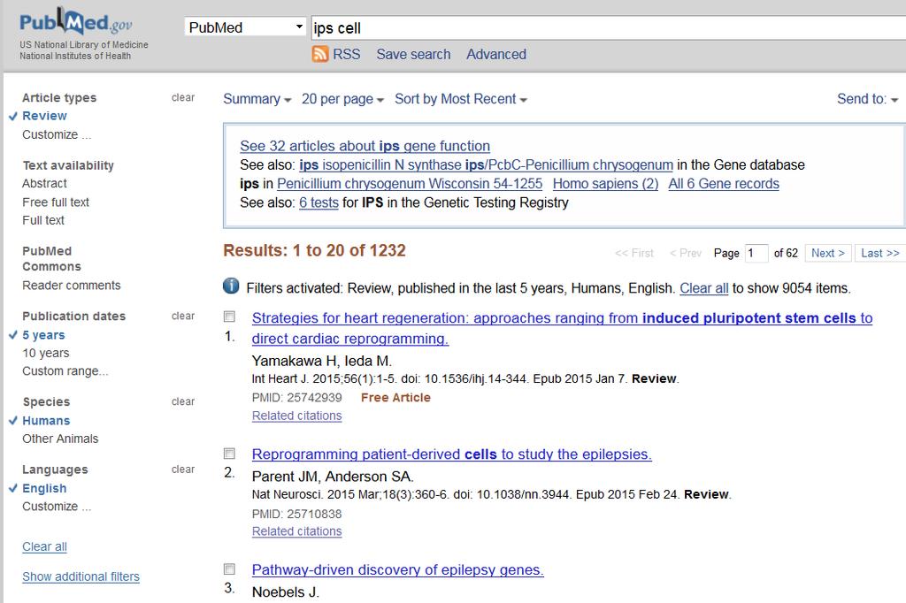 例題 PubMed ips 細胞 (ips cell) についての英語論文を探す 05/6/ 論文準備ここからスタート in 農学生命科学図書館 共催 : 農学生命科学図書館 本部情報基盤課 [ 学術情報リテラシー担当 ] テーマから医学系の雑誌論文を探す ~ PubMed ~ 学内から GACoS でデータベースの先頭文字 P から http://www.ncbi.nlm.nih.