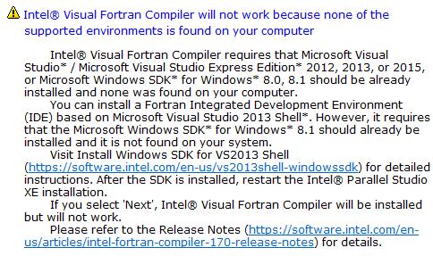 Intel Visual Fortran Compiler will not work because none of the supported environments is found on your computer 本製品を使用するためには Visual Studio を必ずインストールする必要があります サポートされている Visual Studio を別途用意してインストールするか