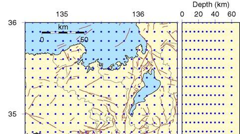 1 度 深さ方向は 5km から 10km のスペーシングに設定 図 10 解析に用いた観測点 ( 青四角 ) と地震 ( 赤丸 ) 地震数約 7800 個 観測点数 89 点 検測データは P S とも約