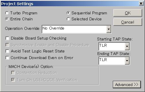 [Project] [Project Setting] 2-11 2-11 2-2 Sequential Program Turbo Program Entire Chain Selected Device Operation Override Disable Board Setup
