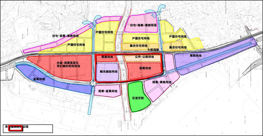 大船渡駅周辺地区の土地利用計画 ( 案 ) 基本的な考え方 1.JR 線路から山側は 安全な住宅地などの復興を推進 2.