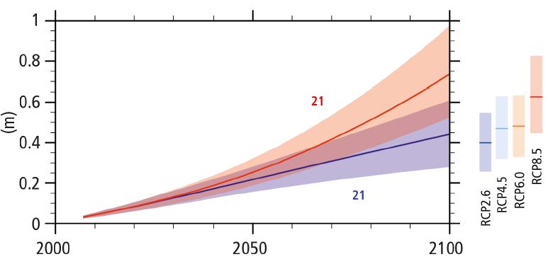 7 の上昇と なる可能性が高い p.25, p.53 2081-2100 年平均 21世紀末には RCP8.5では0.45 0.82mの上昇と なる可能性が高い 年 21世紀末には RCP2.6では0.26 0.