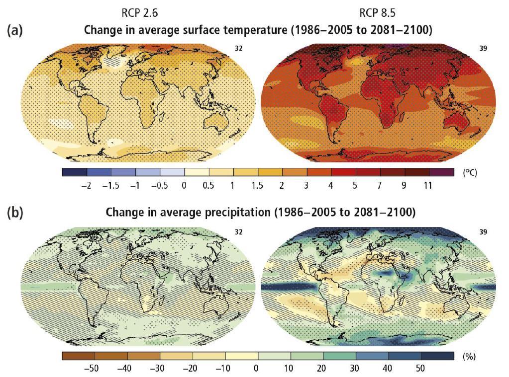 4. 将来の気候変動 リスク 影響 4-2-2 気候システムにおいて予測される変化 気温と降水量の変化予測分布 降水量の変化は一様ではありません RCP8.