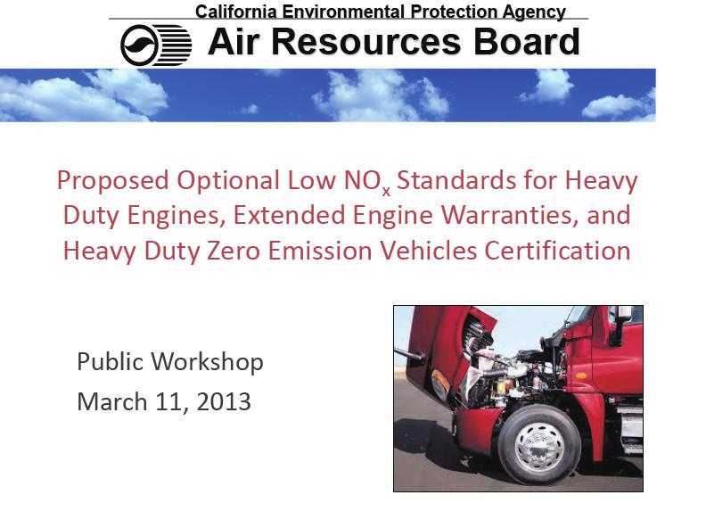 ディーゼル排出規制への新たな取り組み : カリフォルニア ARB はオゾン環境基準未達成の地域に向け ポストEPA 2010 NOx 排出規制を検討中 規制提案値 : 0.1, 0.05, and 0.