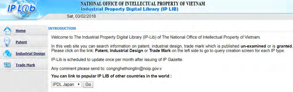 1.3 検索データベース IPLib 取扱い説明 他国 IP サイトへのリンク URL: http://iplib.noip.gov.vn/webui/wlogin.