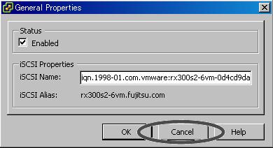 6.3 VMware Infrastructure 3 を使用する場合 5 [General] タブで Status が Enabled であることを確認して 再度 [Configure] をクリックします 6 以下のように iscsi Name が表示されることを確認して [Cancel] をクリックします