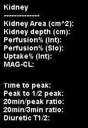Kidney 腎臓全体 ------------------------- Kidney Area 腎臓の面積 (cm^) Kidney Depth 腎臓の深さ (cm) Perfusion%(Int) 積分値より計算された寄与率 Perfusion%(Slo) スロープより計算された寄与率 Uptake%(Int) アップテイク値 MAG-CL MAG3 クリアランス値 ( 体表面積補正あり