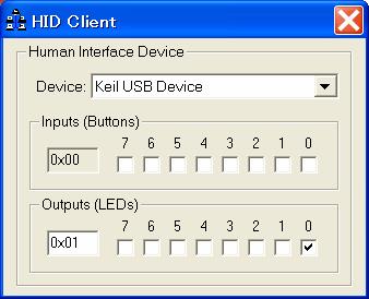 Device リストから Keil USB Device を選択する : Outputs(LEDs) の 0 項目でボード上の LED1 を制御できます ボード上の TAMP