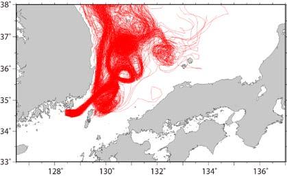 蔚山市沖 巨済市沖麗水市沖 図 5 韓国沿岸での赤潮発生状況をもとにした粒子初期投入位置 (