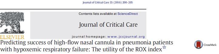 HFNC で治療した患者で人工呼吸が必要な患者を早期に予測する指標をみつけるための観察研究 J of Critical Care 35 (2016)200-205.
