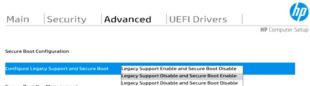 Configure Legacy Support and Secure Boot のメニューを変更します Legacy Support Enable and Secure Boot Disable に変更して下さい 2.