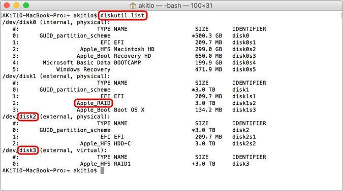 6. ターミナル から "diskutil list" と入力し 現在使用可能なディスクを確認します RAID セット (Apple_RAID) を構成するディスクのうち 問題のないもの