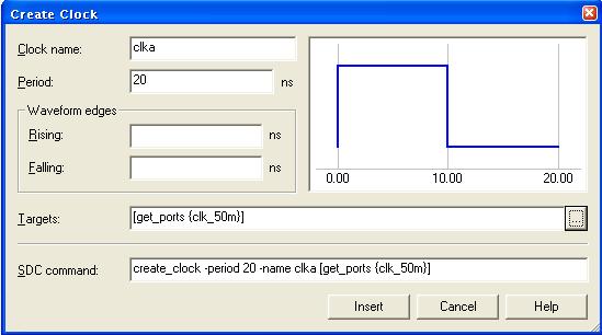 以下の例は 設定名 clka 周波数 50 MHz Duty 比 50% の場合の画面です 生成されるクロックの波形が表示されます Name Finder ボタン (5 ページ参照 ) SDC コマンドが表示されます SDC command 欄には GUI で設定した制約内容が SDC コマンドで表示されます この部分を直接編集することも可能です Insert ボタンをクリックし SDC