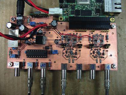FPGA 内バッファ出力波形 駆動能力が 24mA と高いバッファ NC7SZ125 を挿入し, そ の入力抵抗に 220Ω を付加,Rsin を 150Ω に減少して FPGA に必要な入力レベルを維持することができた 電流駆動バッファ基板 LT1715 NC7SZ125 図 5 2 回目試作基板 図 6 電流駆動バッファ基板 LVTTL の H レベルを満足できない 図 7.