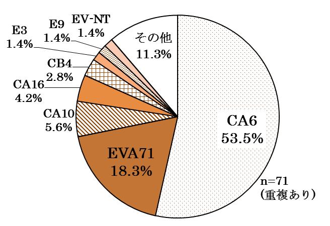 0%),CA10 が4 株 (6.7%),CA2 とCB4が2 株 (3.3%) ずつ, CB3 と CB5 が 1 株 (1.7%) ずつ,EV-NT が 3 株 (5.0%) であった ( 図 2-2 左 ).2017 年度は,35 検体が搬入され,31 検体 ( 88.6%) から 35 株のウイルスが検出された.