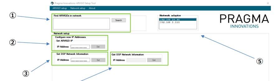 ネットワーク設定 Network setup タブをクリックすると ネットワーク設定画面を表示します 1 Find ARVIGOs in network ネットワーク上の ARVIGO を探します 2 Set ARVIGO IP ARVIGO 本体の IP アドレスを設定する事ができます 3 Set DSP Netwotk Information ARVIGO が接続される